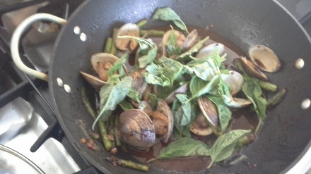clams with basil and chile jam